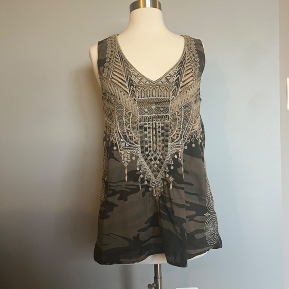 Johnny Was Terraza Camo-Print‎ Embroidered Sleeveless Cotton Shirt Tank Top - Picture 12 of 14